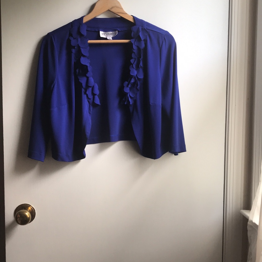Studio I Royal Blue Shrug Bolero Floral Appliqués lapel hook eye closure sz 10 - Picture 5 of 14